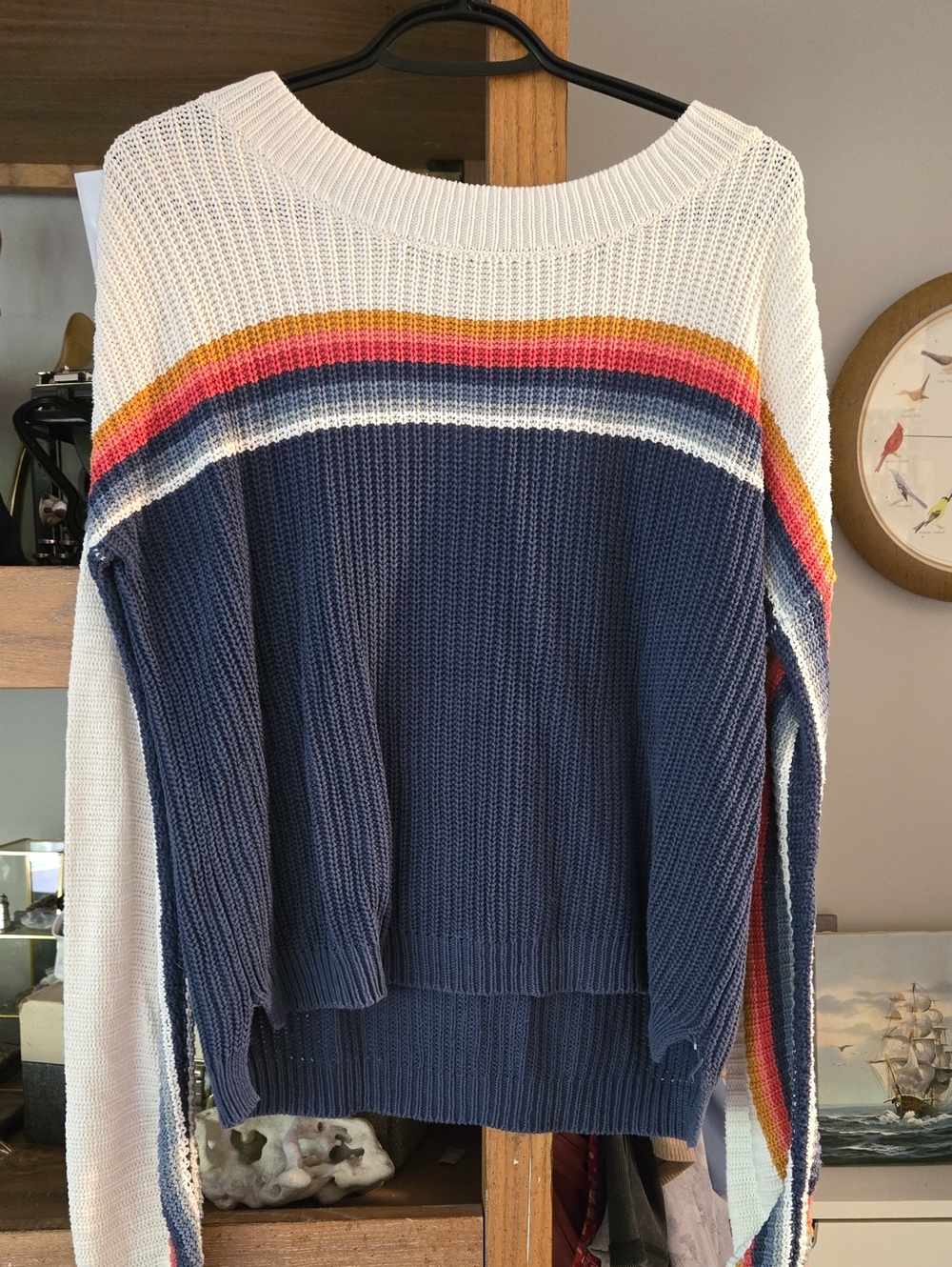 Y2k Rip Curl Navy and White Crewneck Sweater with Rainbow Stripes